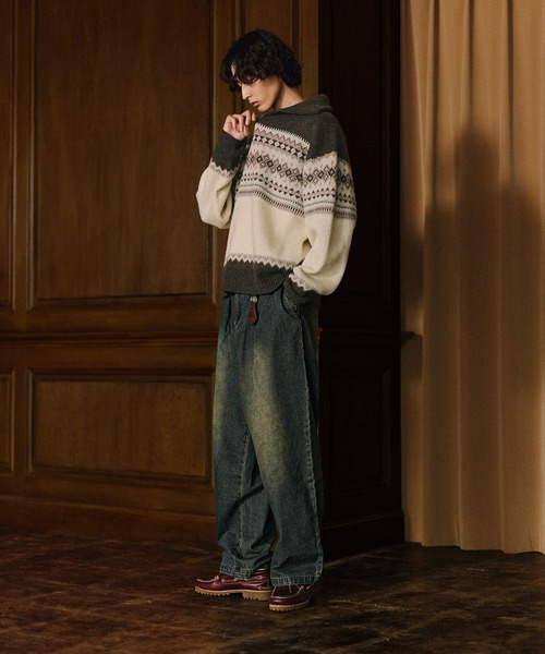 Bleme（ブレム）の「クラシック ノルディック ハーフジップニット 【100% wool】（ニット/セーター・メンズ・グレー/ブラウン・M/S/XL/L）」の21枚目の写真