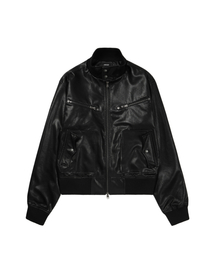 AAKAM | High-Neck Leather Jacket (Black)(ライダースジャケット)