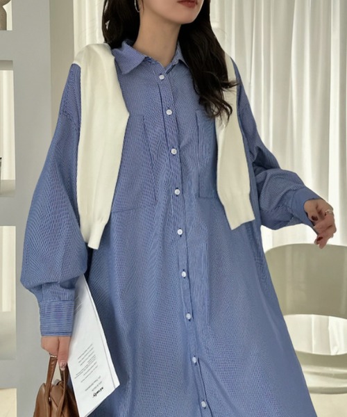 Eclat one（エクラワン）の「【Eclat one】ゆったりシルエット ロング シャツワンピース（シャツワンピース・レディース・ネイビー/ブルー/ライトブルー・FREE）」の3枚目の写真