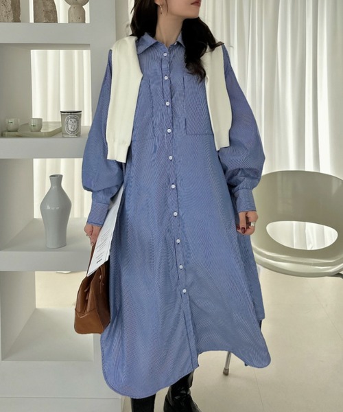 Eclat one（エクラワン）の「【Eclat one】ゆったりシルエット ロング シャツワンピース（シャツワンピース・レディース・ネイビー/ブルー/ライトブルー・FREE）」の5枚目の写真