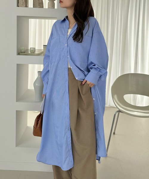 Eclat one（エクラワン）の「【Eclat one】ゆったりシルエット ロング シャツワンピース（シャツワンピース・レディース・ネイビー/ブルー/ライトブルー・FREE）」の11枚目の写真