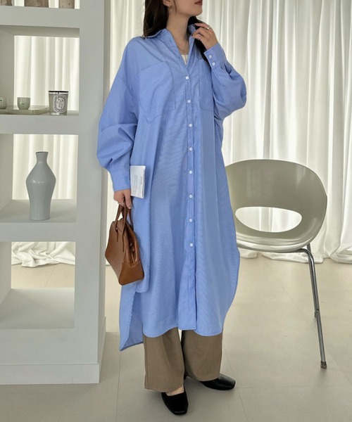 Eclat one（エクラワン）の「【Eclat one】ゆったりシルエット ロング シャツワンピース（シャツワンピース・レディース・ネイビー/ブルー/ライトブルー・FREE）」の20枚目の写真