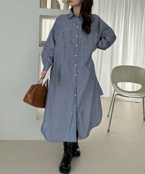 Eclat one（エクラワン）の「【Eclat one】ゆったりシルエット ロング シャツワンピース（シャツワンピース・レディース・ネイビー/ブルー/ライトブルー・FREE）」の15枚目の写真