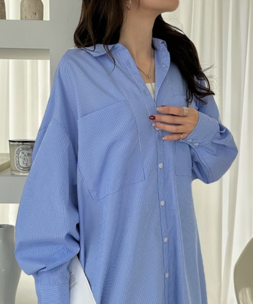 Eclat one（エクラワン）の「【Eclat one】ゆったりシルエット ロング シャツワンピース（シャツワンピース・レディース・ネイビー/ブルー/ライトブルー・FREE）」の10枚目の写真