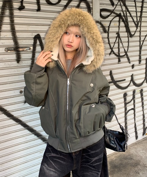 セール】【ファー取り外し可能】ステッチデザイン フェイクファー ボア