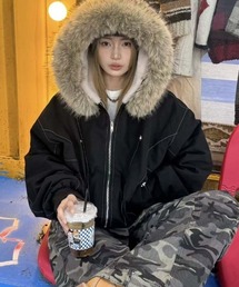 lilful | 【25年秋冬新作】【ファー取り外し可能】ステッチデザイン フェイクファー ボア裏地付き オーバーサイズ ダウンブルゾン(ブルゾン)