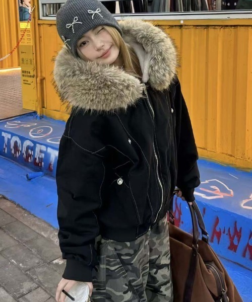 セール】【25年秋冬新作】【ファー取り外し可能】ステッチデザイン