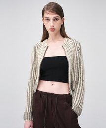 Ribbed Zip-Up Knit Cardigan Cream Beige