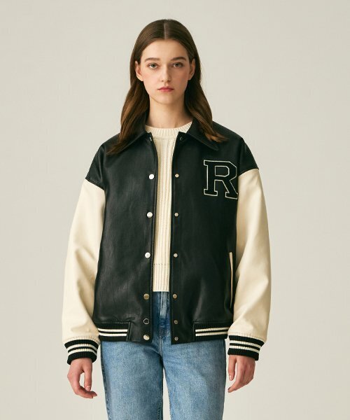 (UNISEX)9111 VARSITY LEATHER JACKET_BLACK