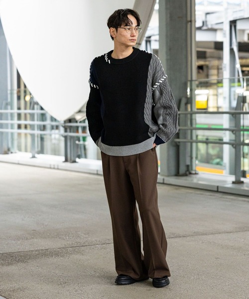 LAKOLE(ラコレ)の「パッチワークステッチニットプルオーバー / 633152(ニット/セーター・メンズ・グレー/ブラウン/ブラック・MEDIUM/LARGE)」の4枚目の写真