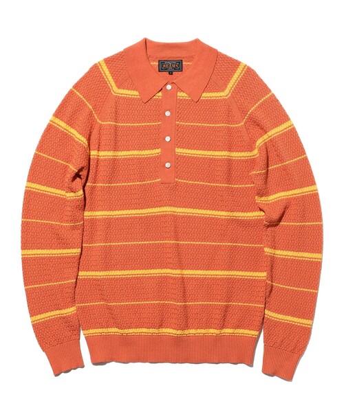 BEAMS PLUS（ビームスプラス）の「Knit Polo Basket Weave Stripe（ポロシャツ・メンズ・サックスブルー/グレー/オレンジ・LARGE/MEDIUM/SMALL/X-LARGE）」の3枚目の写真
