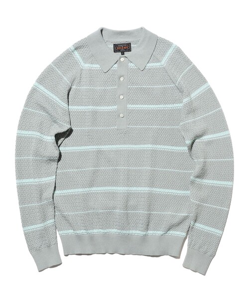 BEAMS PLUS（ビームスプラス）の「Knit Polo Basket Weave Stripe（ポロシャツ・メンズ・サックスブルー/グレー/オレンジ・LARGE/MEDIUM/SMALL/X-LARGE）」の6枚目の写真