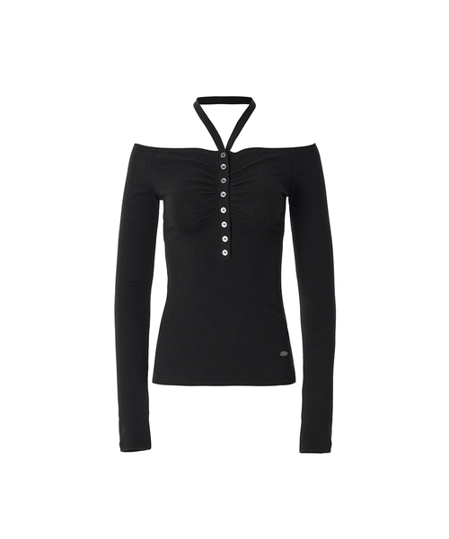 A.R.U(エイアールユー)の「BUTTON OFF SHOULDER TOP(Tシャツ/カットソー・レディース・スカイブルー/ブラック/ブラウン/カーキ・SMALL/MEDIUM)」の2枚目の写真