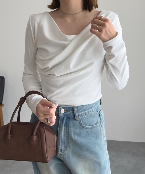 KOBE LETTUCE（コウベレタス）の「[ 裏微起毛 ] ドレープトップス（Tシャツ/カットソー・レディース・ブラック/ブラウン/オフホワイト/チャコール/アイボリー系・M）」の7枚目の写真