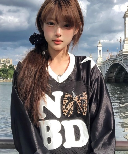 セール】フロントレオパードリボン柄&英字ロゴ ビッグシルエット 透け