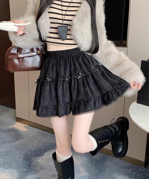 CANVAS+(キャンバスプラス)の「【CANVAS+】裾レース×リボンミニフレアスカート(スカート・レディース・アイボリー/ブラック/ホワイト・M)」の1枚目の写真