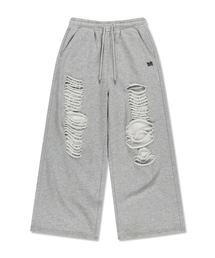 W DAMAGED SWEAT PANTS - MELANGE GREY