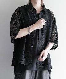 【cussil/クシル】 ルーズシルエットクロシェレースレギュラーカラー半袖シャツ