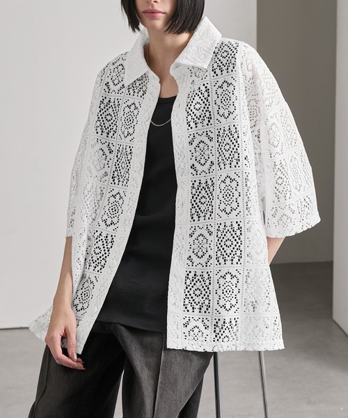 cussil(クシル)の「【cussil/クシル】 ルーズシルエットクロシェレースレギュラーカラー半袖シャツ(シャツ/ブラウス・メンズ・ホワイト/ブラック・L/M/S)」の3枚目の写真