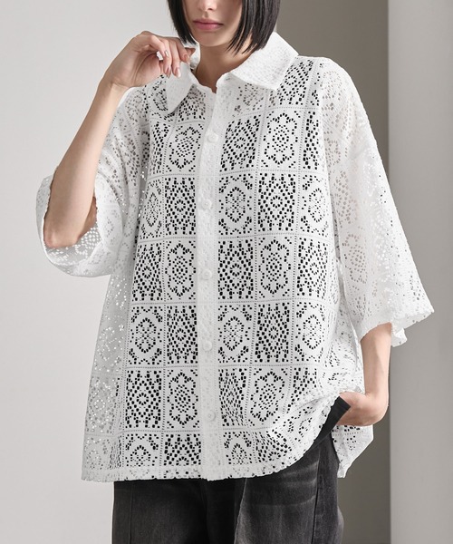 cussil(クシル)の「【cussil/クシル】 ルーズシルエットクロシェレースレギュラーカラー半袖シャツ(シャツ/ブラウス・メンズ・ホワイト/ブラック・L/M/S)」の9枚目の写真