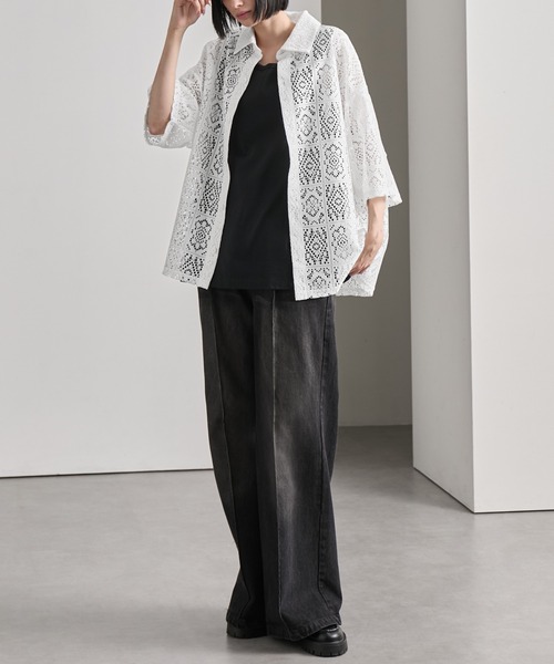 cussil(クシル)の「【cussil/クシル】 ルーズシルエットクロシェレースレギュラーカラー半袖シャツ(シャツ/ブラウス・メンズ・ホワイト/ブラック・L/M/S)」の11枚目の写真