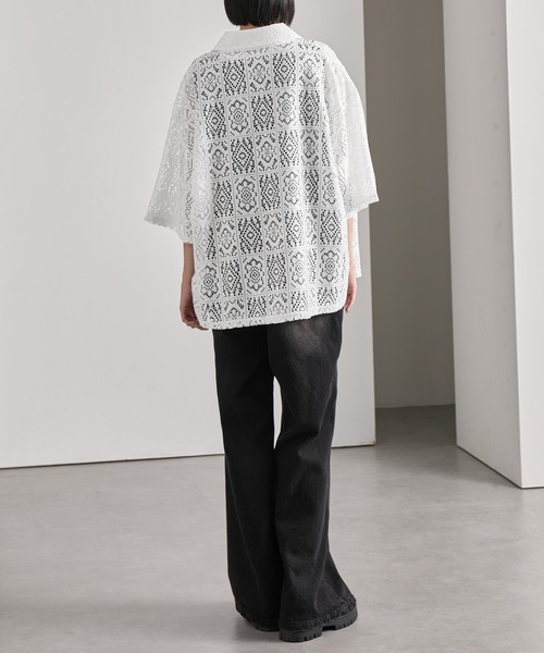 cussil(クシル)の「【cussil/クシル】 ルーズシルエットクロシェレースレギュラーカラー半袖シャツ(シャツ/ブラウス・メンズ・ホワイト/ブラック・L/M/S)」の12枚目の写真