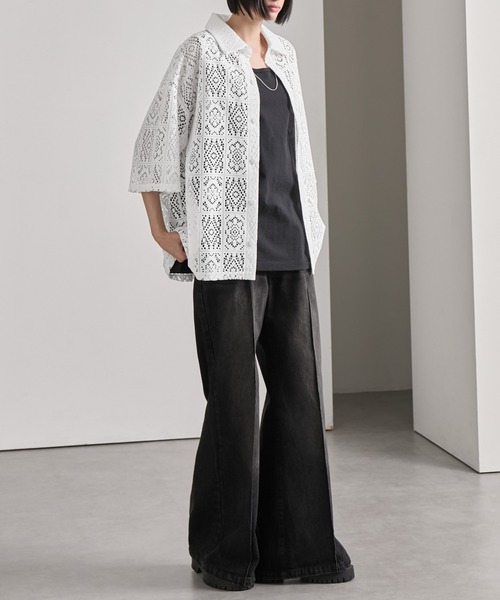 cussil(クシル)の「【cussil/クシル】 ルーズシルエットクロシェレースレギュラーカラー半袖シャツ(シャツ/ブラウス・メンズ・ホワイト/ブラック・L/M/S)」の14枚目の写真