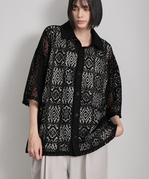 cussil(クシル)の「【cussil/クシル】 ルーズシルエットクロシェレースレギュラーカラー半袖シャツ(シャツ/ブラウス・メンズ・ホワイト/ブラック・L/M/S)」の16枚目の写真