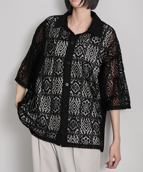 cussil(クシル)の「【cussil/クシル】 ルーズシルエットクロシェレースレギュラーカラー半袖シャツ(シャツ/ブラウス・メンズ・ホワイト/ブラック・L/M/S)」の18枚目の写真