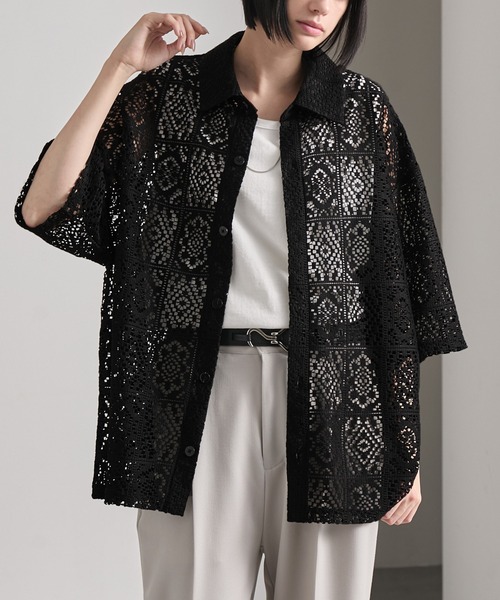 cussil(クシル)の「【cussil/クシル】 ルーズシルエットクロシェレースレギュラーカラー半袖シャツ(シャツ/ブラウス・メンズ・ホワイト/ブラック・L/M/S)」の19枚目の写真