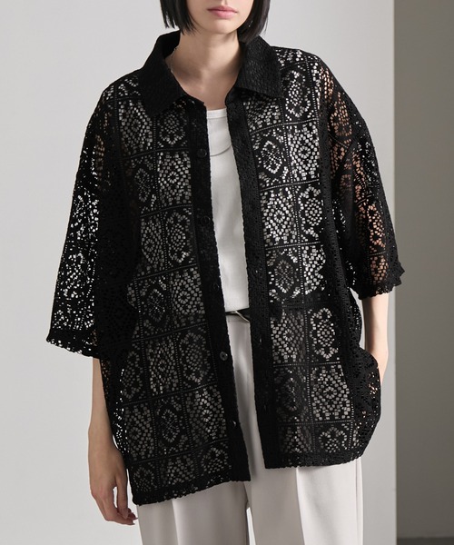 cussil(クシル)の「【cussil/クシル】 ルーズシルエットクロシェレースレギュラーカラー半袖シャツ(シャツ/ブラウス・メンズ・ホワイト/ブラック・L/M/S)」の21枚目の写真