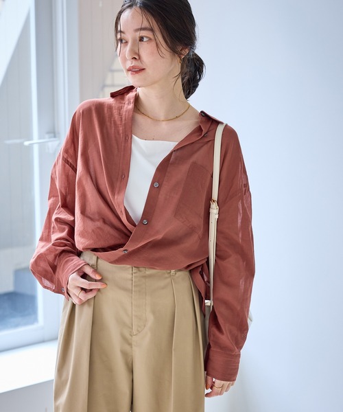 ROPE' PICNIC(ロペピクニック)の「お着軽シャツシリーズ 無地・ストライプ 2WAYシアーブラウス/接触冷感・通気性(シャツ/ブラウス・レディース・ブルー系その他4/ブルー/イエロー/ネイビー/ピンク/ホワイト/ダークブラウン/オレンジ/サックスブルー・FREE)」の3枚目の写真