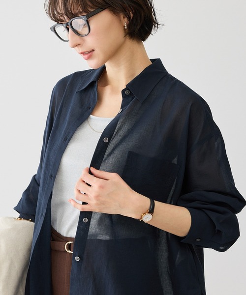ROPE' PICNIC(ロペピクニック)の「お着軽シャツシリーズ 無地・ストライプ 2WAYシアーブラウス/接触冷感・通気性(シャツ/ブラウス・レディース・ブルー系その他4/ブルー/イエロー/ネイビー/ピンク/ホワイト/ダークブラウン/オレンジ/サックスブルー・FREE)」の21枚目の写真