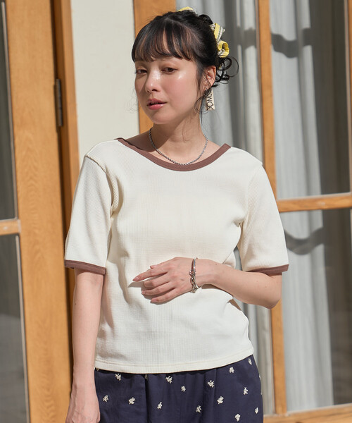 FREAK'S STORE(フリークスストア)の「ワッフル バッグオープン Tシャツ/5分袖Tシャツ(Tシャツ/カットソー・レディース・ブラック/チャコール/ナチュラル/オフホワイト・フリ-)」の22枚目の写真