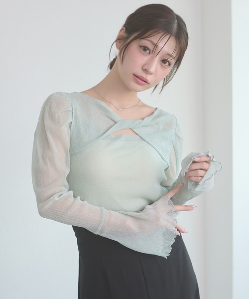 Ambre Neige(アンブルネージュ)の「glitter tulle twist design tops / ラメチュールネジリデザイントップス(Tシャツ/カットソー・レディース・ライトグリーン/アイボリー/ピンク・FREE)」の1枚目の写真