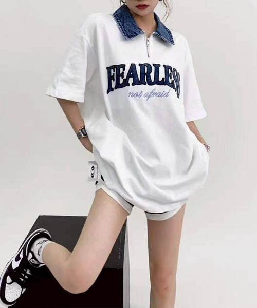 SpRay(スプレイ)の「デニム襟ハーフジップトップス(Tシャツ/カットソー・レディース・チャコールグレー/オフホワイト/ネイビー/オートミール・FREE)」の1枚目の写真
