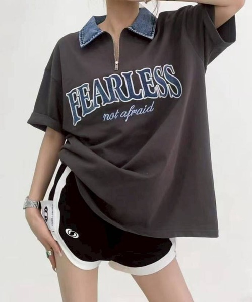 SpRay(スプレイ)の「デニム襟ハーフジップトップス(Tシャツ/カットソー・レディース・チャコールグレー/オフホワイト/ネイビー/オートミール・FREE)」の2枚目の写真