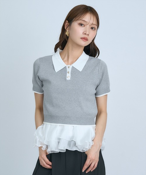 AND COUTURE(アンドクチュール)の「ポロニットプルオーバー×ペプラムキャミソール(ニット/セーター・レディース・ネイビー/グレー/イエロー・FREE)」の2枚目の写真