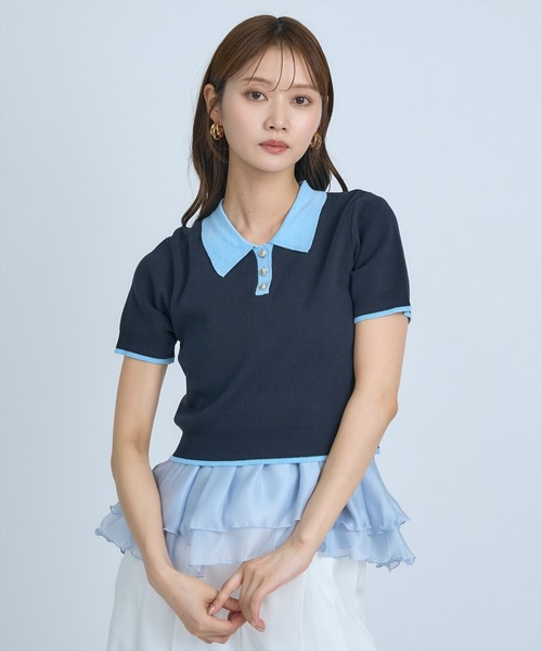 AND COUTURE(アンドクチュール)の「ポロニットプルオーバー×ペプラムキャミソール(ニット/セーター・レディース・ネイビー/グレー/イエロー・FREE)」の1枚目の写真