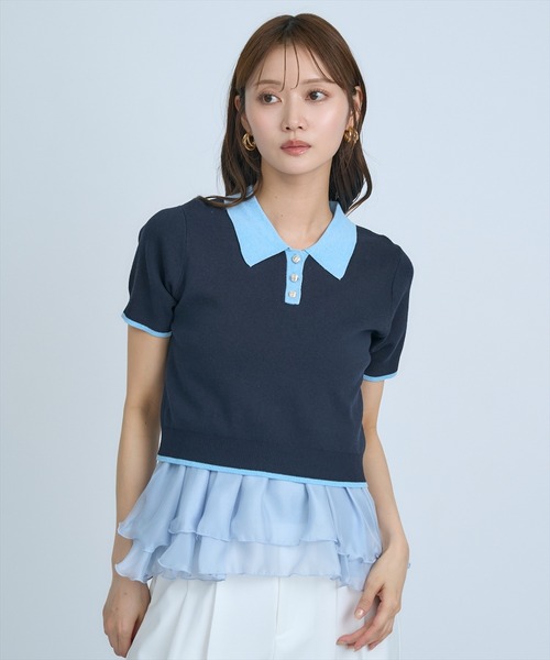 AND COUTURE(アンドクチュール)の「ポロニットプルオーバー×ペプラムキャミソール(ニット/セーター・レディース・ネイビー/グレー/イエロー・FREE)」の14枚目の写真