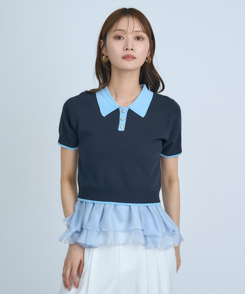 AND COUTURE(アンドクチュール)の「ポロニットプルオーバー×ペプラムキャミソール(ニット/セーター・レディース・ネイビー/グレー/イエロー・FREE)」の9枚目の写真