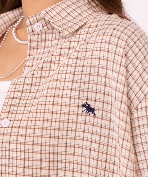 POLOCHAMPS(ポロチャンプス)の「【POLOCHAMPS/ポロチャンプス】オーバーサイズ ワンポイント刺繍 チェック柄 コットン長袖シャツ(シャツ/ブラウス・レディース・ブラウン/ブラック/ブルー・FREE)」の14枚目の写真