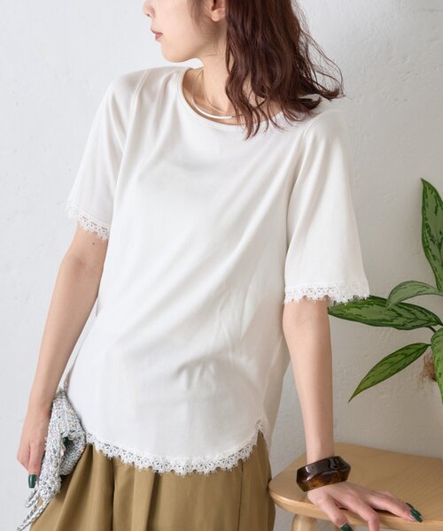 CIAOPANIC TYPY(チャオパニックティピー)の「袖裾レースリブTee(Tシャツ/カットソー・レディース・ブラウン/チャコールグレー/オフホワイト/イエロー・ONE SIZE)」の2枚目の写真