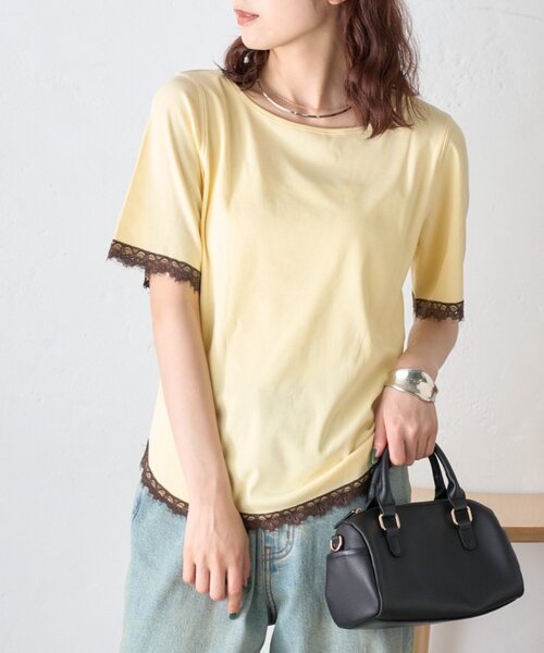 CIAOPANIC TYPY(チャオパニックティピー)の「袖裾レースリブTee(Tシャツ/カットソー・レディース・ブラウン/チャコールグレー/オフホワイト/イエロー・ONE SIZE)」の4枚目の写真