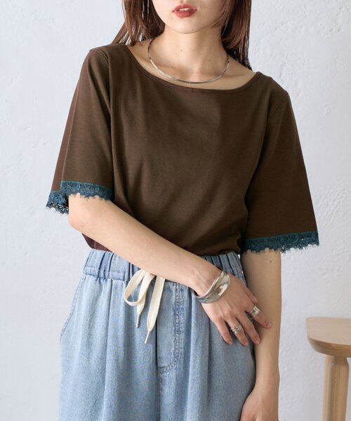 CIAOPANIC TYPY(チャオパニックティピー)の「袖裾レースリブTee(Tシャツ/カットソー・レディース・ブラウン/チャコールグレー/オフホワイト/イエロー・ONE SIZE)」の16枚目の写真