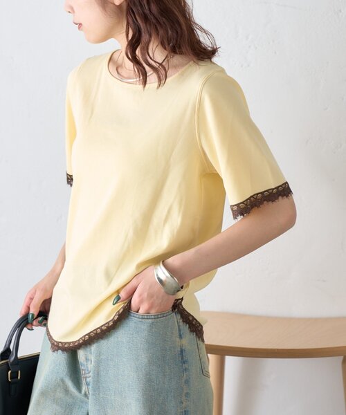 CIAOPANIC TYPY(チャオパニックティピー)の「袖裾レースリブTee(Tシャツ/カットソー・レディース・ブラウン/チャコールグレー/オフホワイト/イエロー・ONE SIZE)」の12枚目の写真