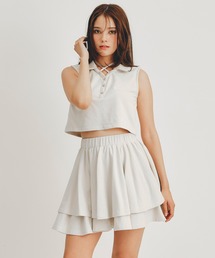 クロスリボンポロトップス×ティアードミニスカートセットアップ