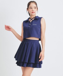 クロスリボンポロトップス×ティアードミニスカートセットアップ