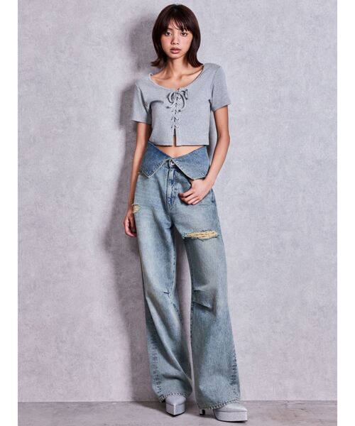 GYDA(ジェイダ)の「ハイウエストTurn Down G Printワイドデニムパンツ(デニムパンツ・レディース・ライトブルー/インディゴブルー・SMALL/MEDIUM)」の4枚目の写真