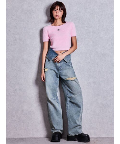 GYDA(ジェイダ)の「ハイウエストTurn Down G Printワイドデニムパンツ(デニムパンツ・レディース・ライトブルー/インディゴブルー・SMALL/MEDIUM)」の6枚目の写真